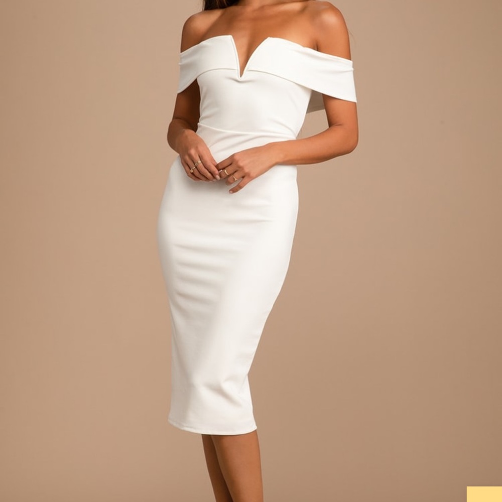 My Favorite Night Ivory Off-the-Shoulder Bodycon Midi Dress